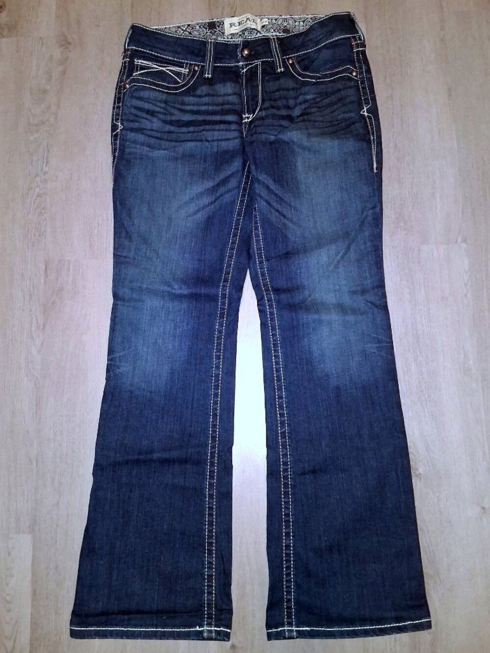 Ariat Real Denim Mid Rise Boot Cut Jeans Size 31R Distressed Denim Dark Wash